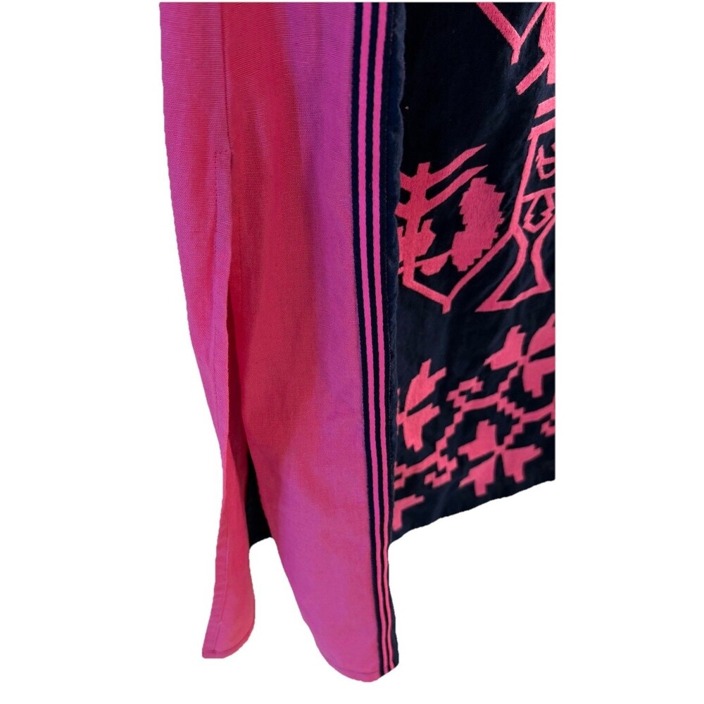 Frances Valentine XS Navy Pink Embroidered Linen Cotton Midi Dress Belted - Picture 9 of 11